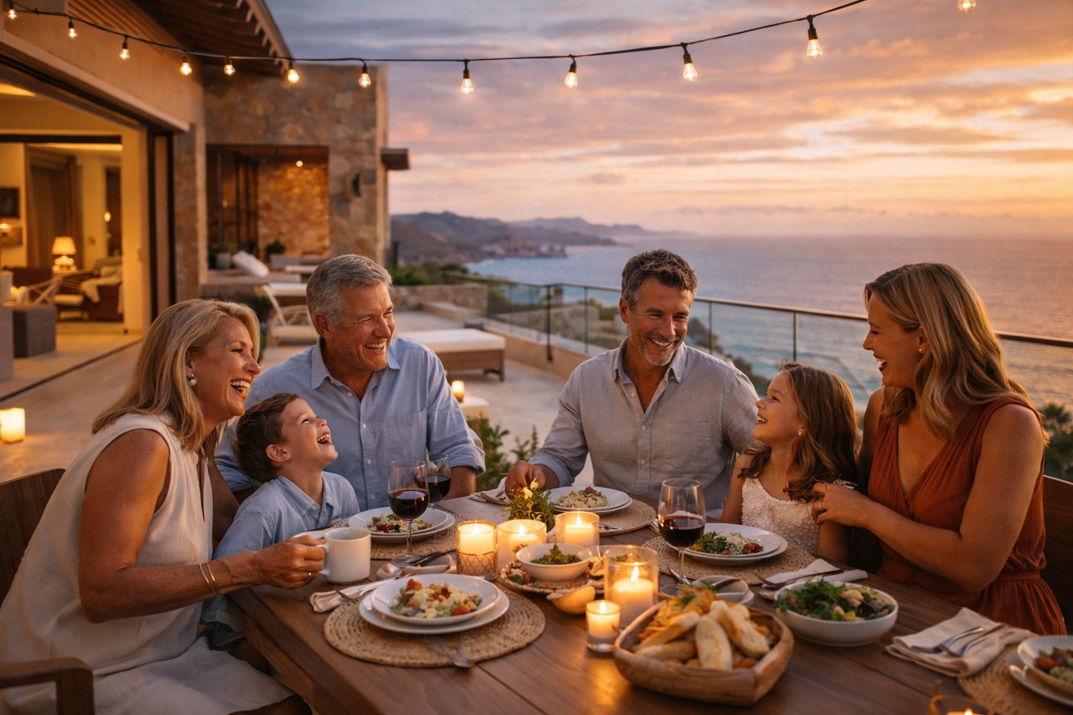 Multigenerational family gathering on a luxury villa terrace in Los Cabos at sunset
